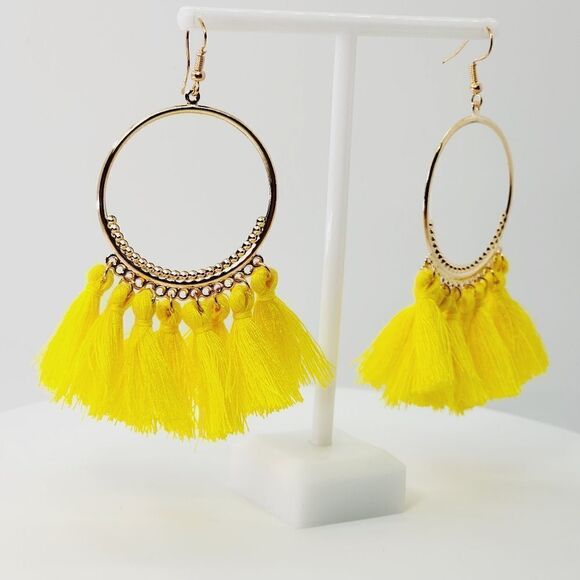 Yellow Gold Toned Boho Drop Dangle Hoop Earrings Tassels Jewelry - Picture 3 of 3